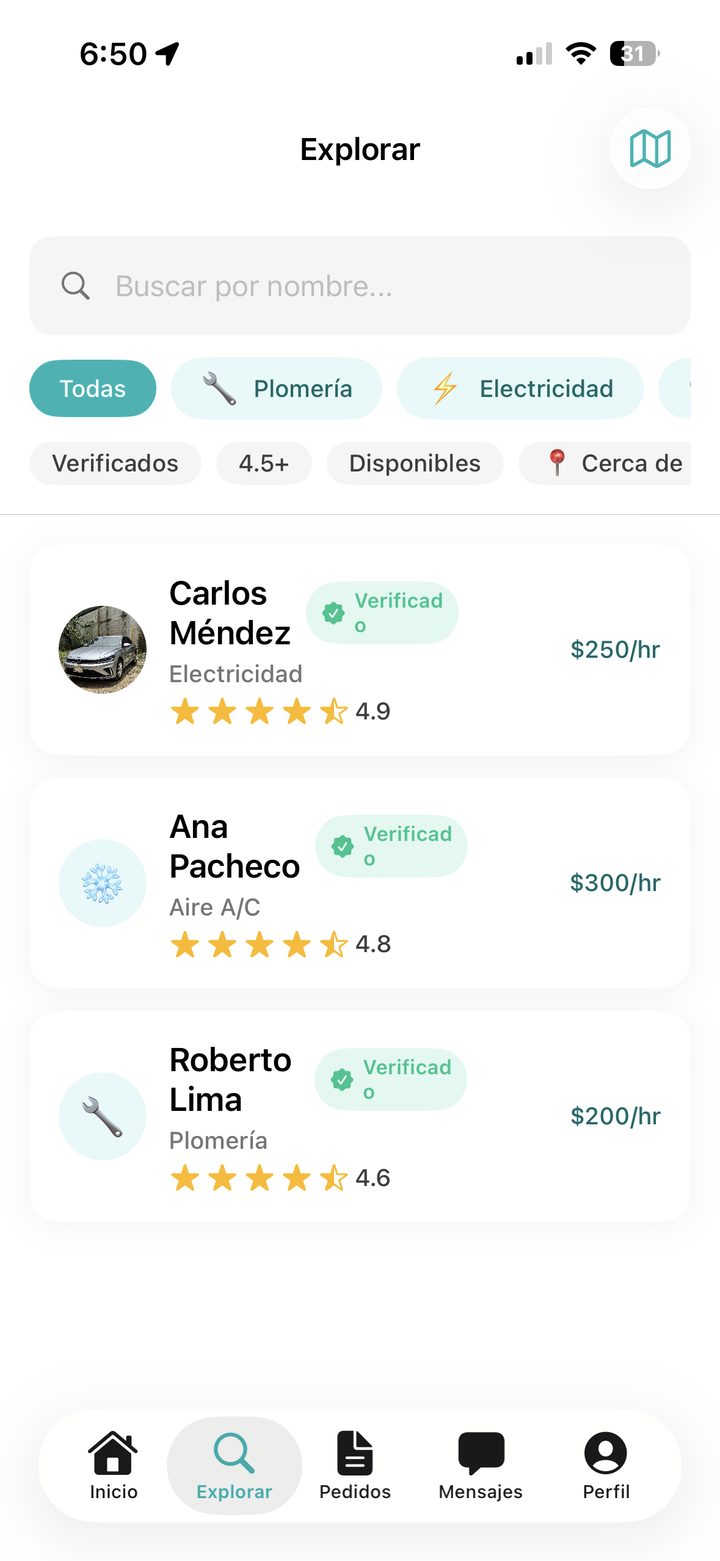 Explorar: búsqueda con filtros de categoría, verificados y cerca de mí
