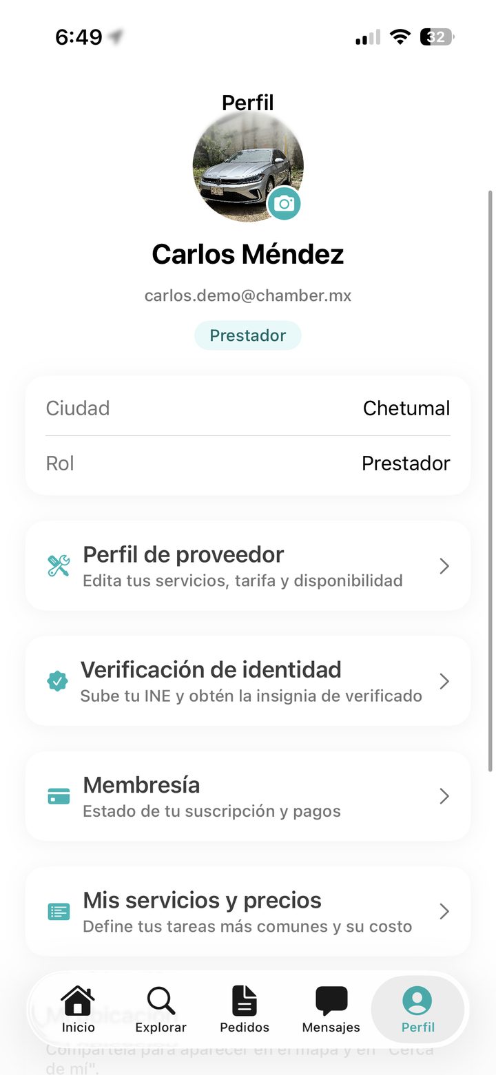 Panel del prestador: perfil, verificación, membresía y servicios
